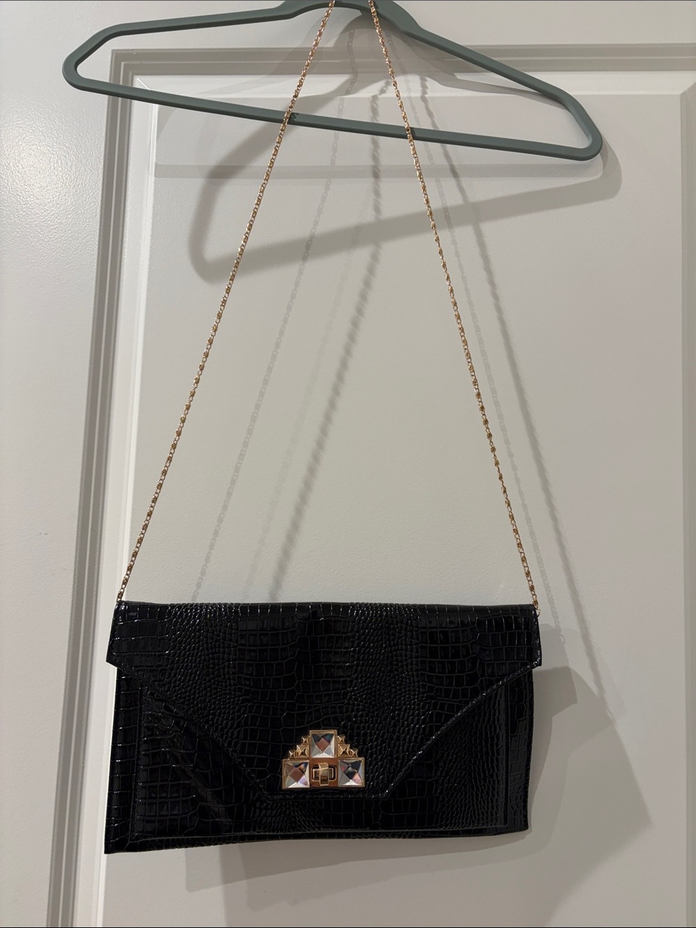 Black Croc-Embossed Envelope Clutch with Gold Chain